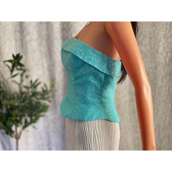 Vtg Y2K Mori Lee Beaded Corset Top Blue Strapless Sequin Prom Party Top Sz 7/8 - Picture 6 of 11